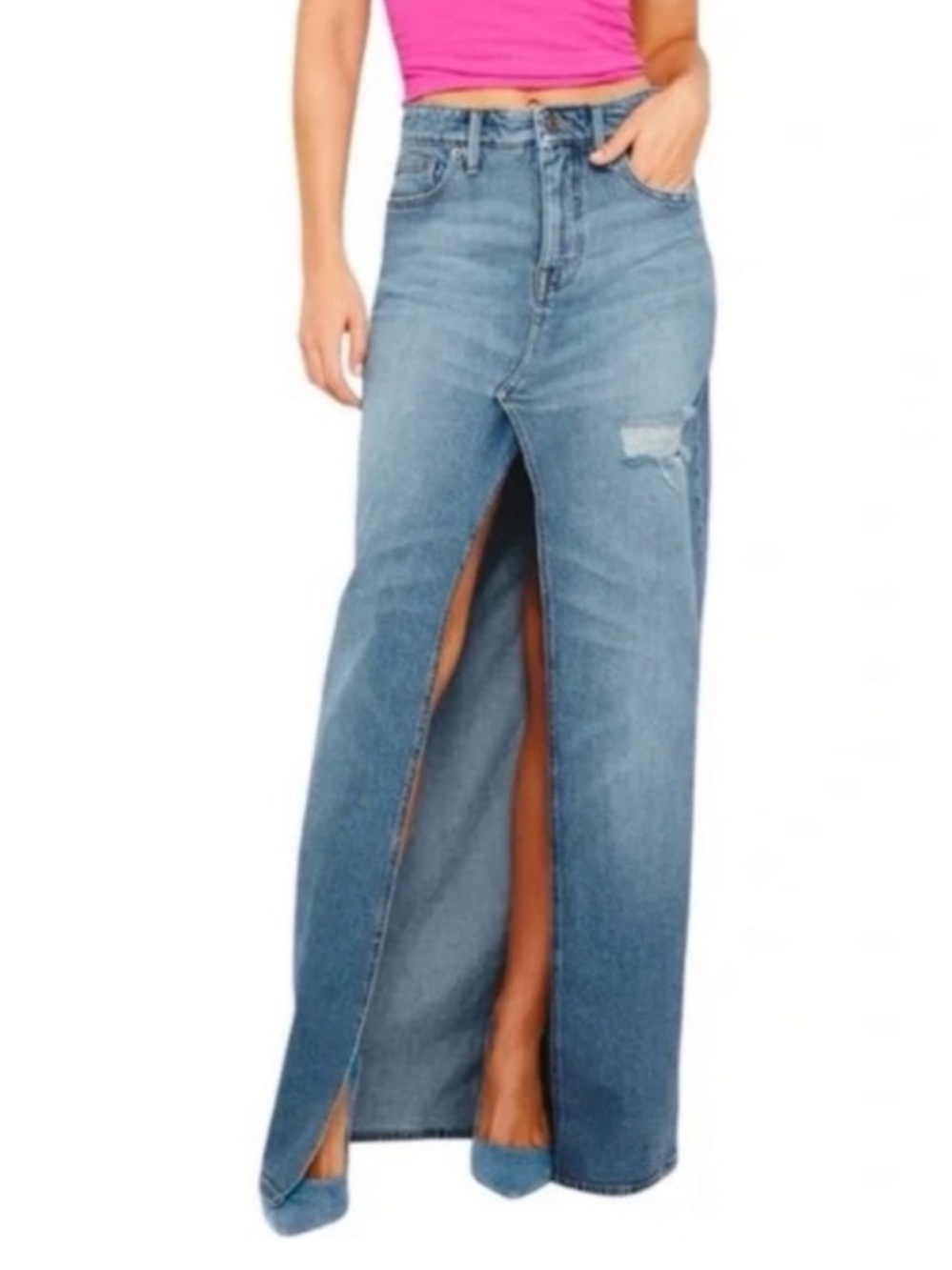🩷 Good American - Good Ease - High-Rise Split-Front Denim Skirt - 2/26